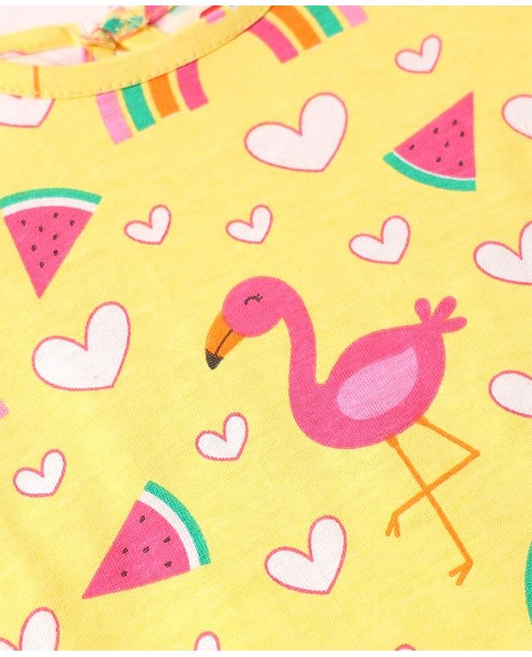 Babyhug Cotton Knit Flutter Sleeves A Line Nighty with Swan & Heart Print - Yellow