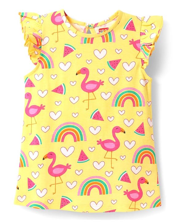 Babyhug Cotton Knit Flutter Sleeves A Line Nighty with Swan & Heart Print - Yellow