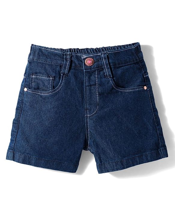 Babyhug Denim Mid Thigh Washed Shorts With Stretch - Navy Blue