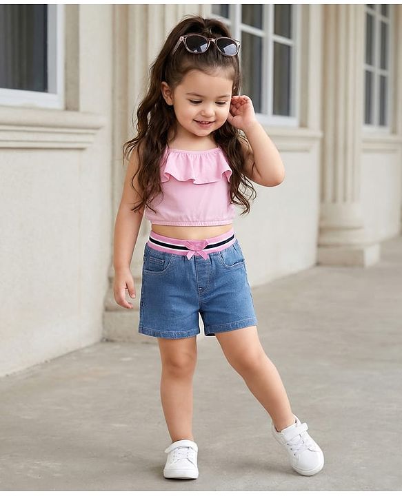 Babyhug Mid Thigh Denim Washed Shorts - Navy Blue