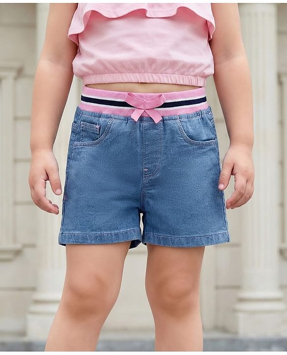 Babyhug Mid Thigh Denim Washed Shorts - Navy Blue