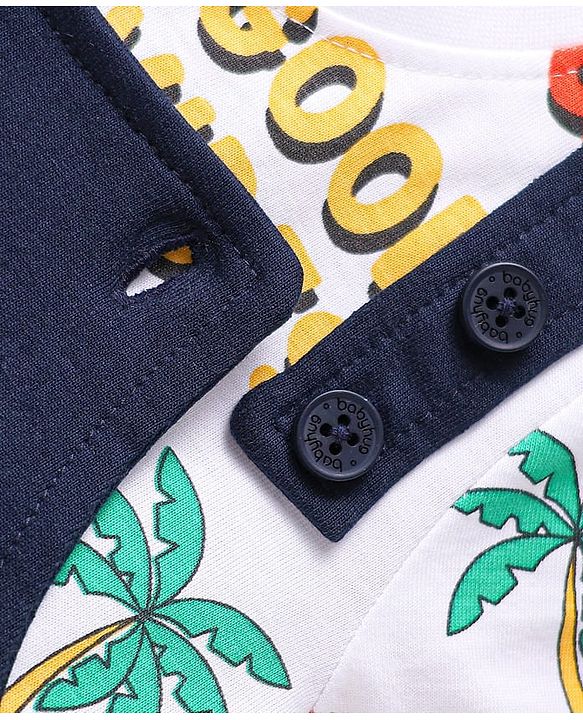 Babyhug Single Jersey Knit Dungaree & Half Sleeves T-Shirt With Beach Theme & Dino Print - Navy Blue