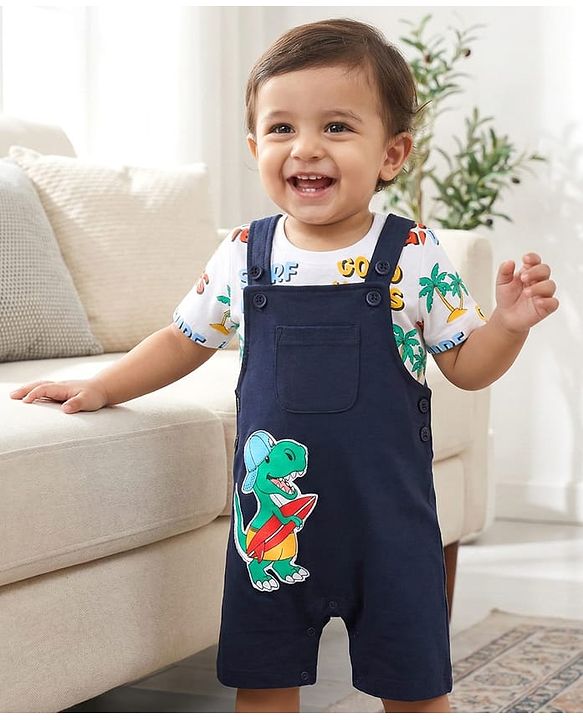 Babyhug Single Jersey Knit Dungaree & Half Sleeves T-Shirt With Beach Theme & Dino Print - Navy Blue