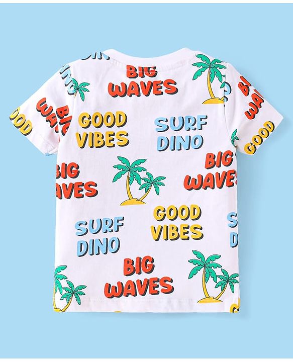 Babyhug Single Jersey Knit Dungaree & Half Sleeves T-Shirt With Beach Theme & Dino Print - Navy Blue
