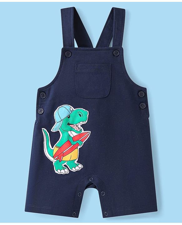 Babyhug Single Jersey Knit Dungaree & Half Sleeves T-Shirt With Beach Theme & Dino Print - Navy Blue