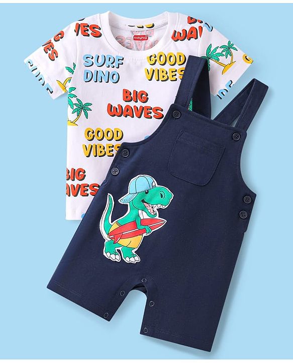 Babyhug Single Jersey Knit Dungaree & Half Sleeves T-Shirt With Beach Theme & Dino Print - Navy Blue