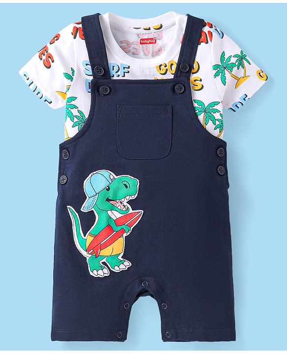Babyhug Single Jersey Knit Dungaree & Half Sleeves T-Shirt With Beach Theme & Dino Print - Navy Blue