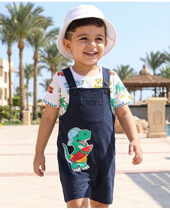 Babyhug Single Jersey Knit Dungaree & Half Sleeves T-Shirt With Beach Theme & Dino Print - Navy Blue