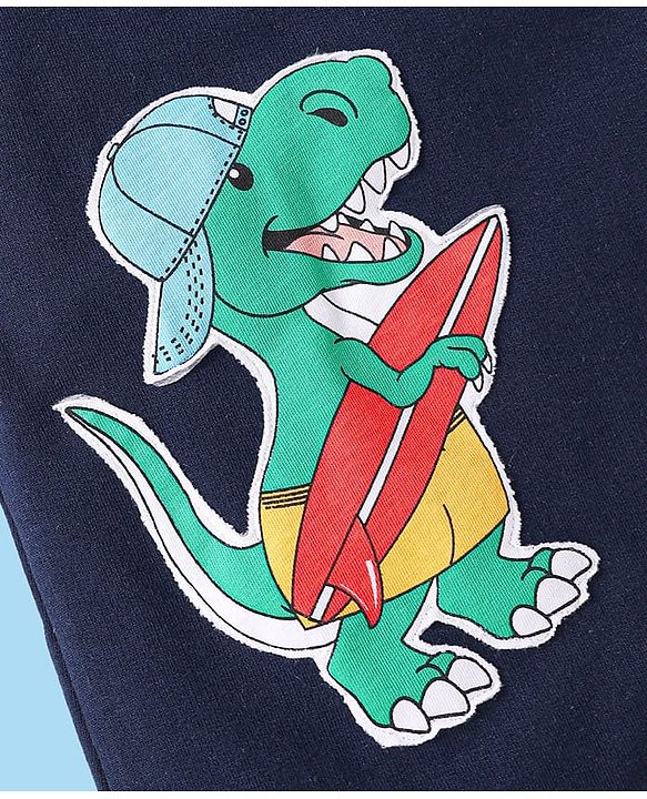 Babyhug Single Jersey Knit Dungaree & Half Sleeves T-Shirt With Beach Theme & Dino Print - Navy Blue