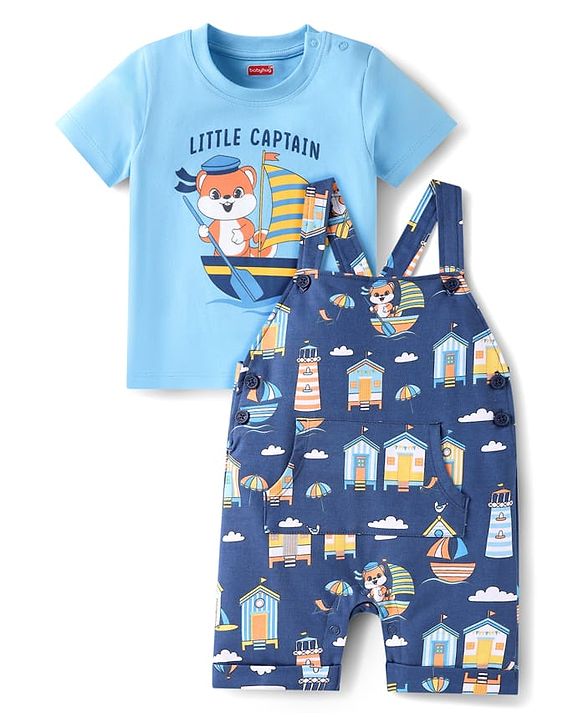 Babyhug Single Jersey Knit Dungaree & Half Sleeves T-Shirt With Beach Theme Print - Blue