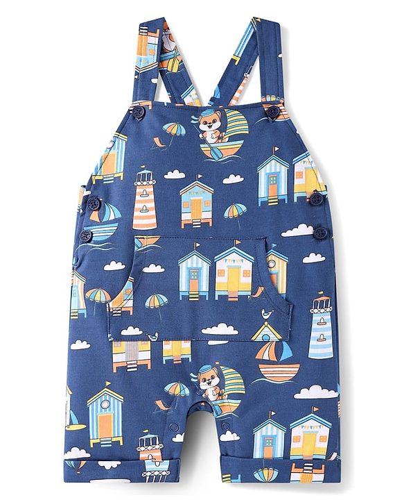 Babyhug Single Jersey Knit Dungaree & Half Sleeves T-Shirt With Beach Theme Print - Blue