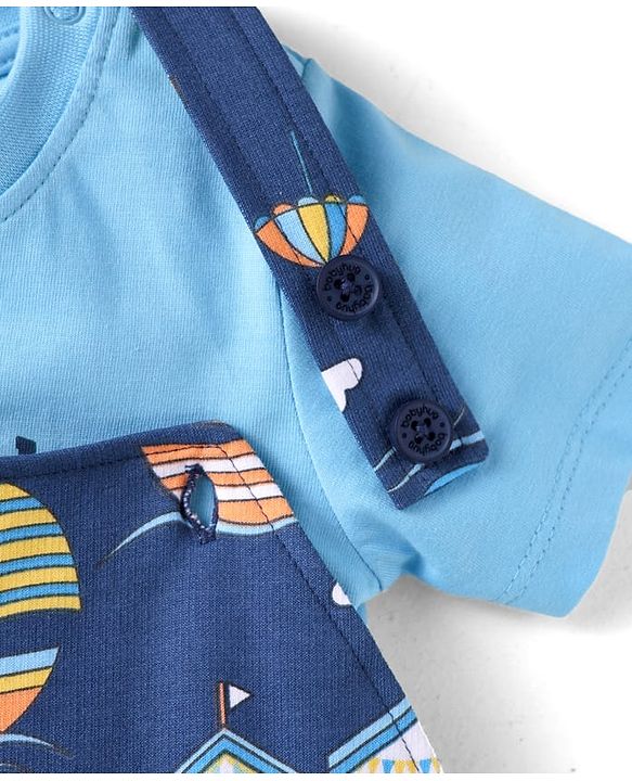 Babyhug Single Jersey Knit Dungaree & Half Sleeves T-Shirt With Beach Theme Print - Blue