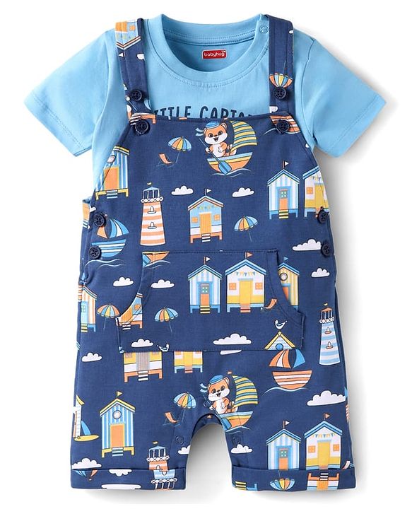 Babyhug Single Jersey Knit Dungaree & Half Sleeves T-Shirt With Beach Theme Print - Blue