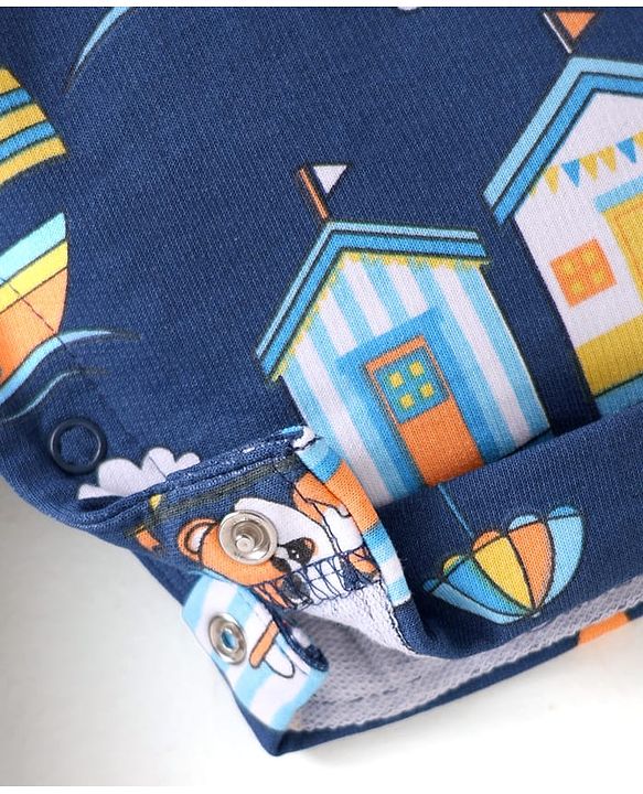 Babyhug Single Jersey Knit Dungaree & Half Sleeves T-Shirt With Beach Theme Print - Blue