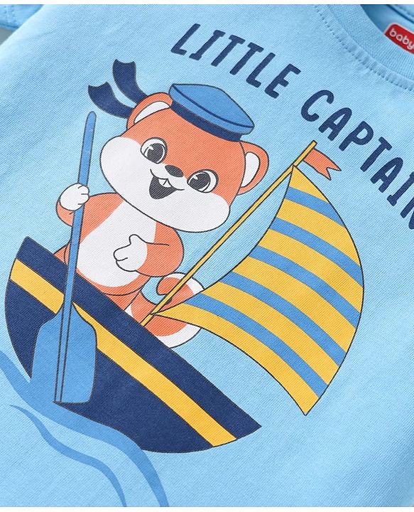 Babyhug Single Jersey Knit Dungaree & Half Sleeves T-Shirt With Beach Theme Print - Blue