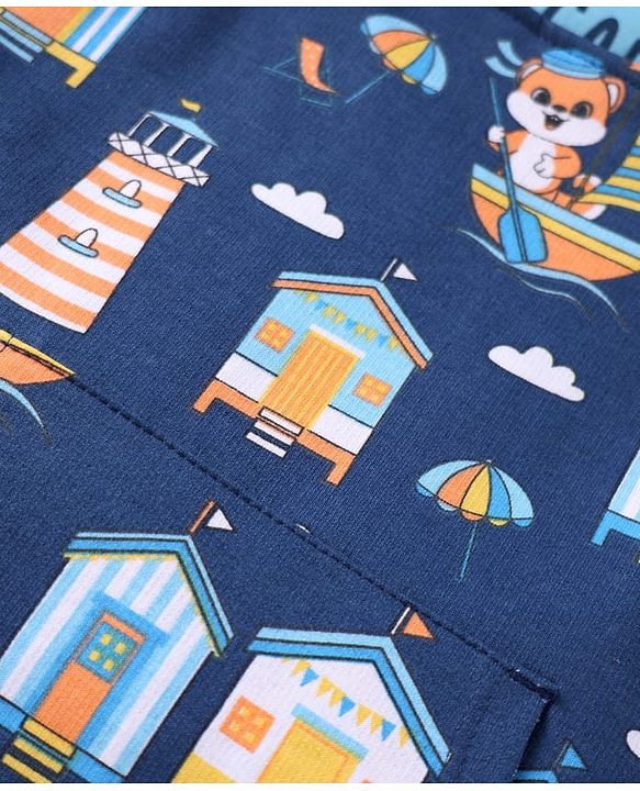 Babyhug Single Jersey Knit Dungaree & Half Sleeves T-Shirt With Beach Theme Print - Blue
