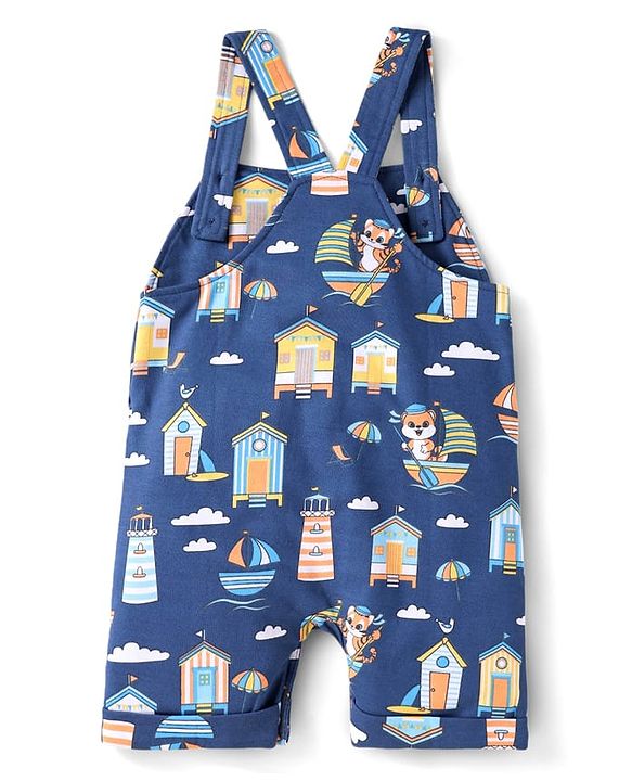 Babyhug Single Jersey Knit Dungaree & Half Sleeves T-Shirt With Beach Theme Print - Blue