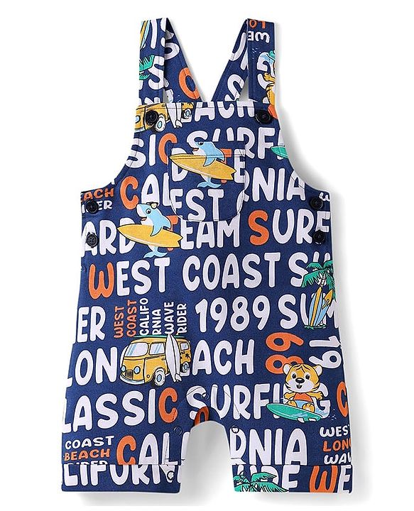 Babyhug Single Jersey Knit Dungaree & Half Sleeves T-Shirt With Tropical Theme - Navy Blue