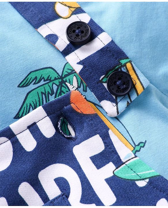 Babyhug Single Jersey Knit Dungaree & Half Sleeves T-Shirt With Tropical Theme - Navy Blue