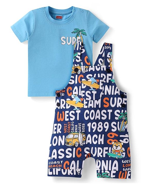 Babyhug Single Jersey Knit Dungaree & Half Sleeves T-Shirt With Tropical Theme - Navy Blue