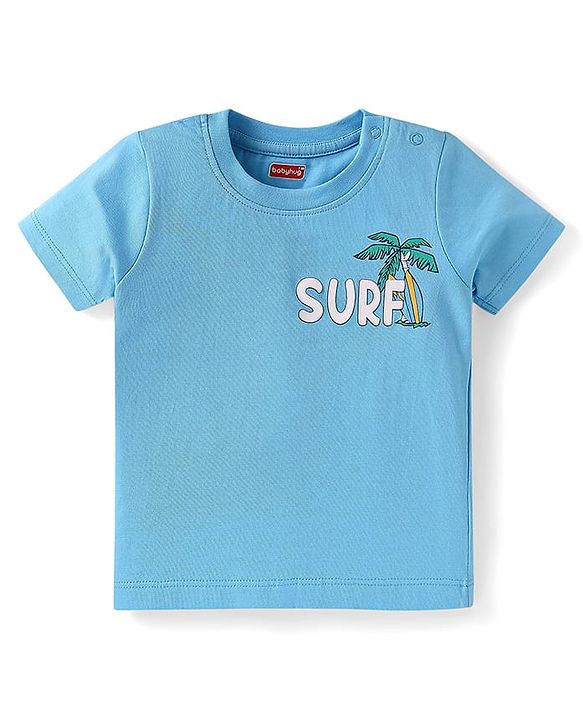 Babyhug Single Jersey Knit Dungaree & Half Sleeves T-Shirt With Tropical Theme - Navy Blue