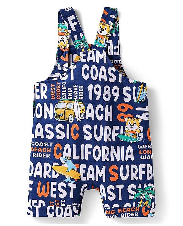 Babyhug Single Jersey Knit Dungaree & Half Sleeves T-Shirt With Tropical Theme - Navy Blue