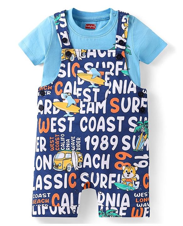 Babyhug Single Jersey Knit Dungaree & Half Sleeves T-Shirt With Tropical Theme - Navy Blue