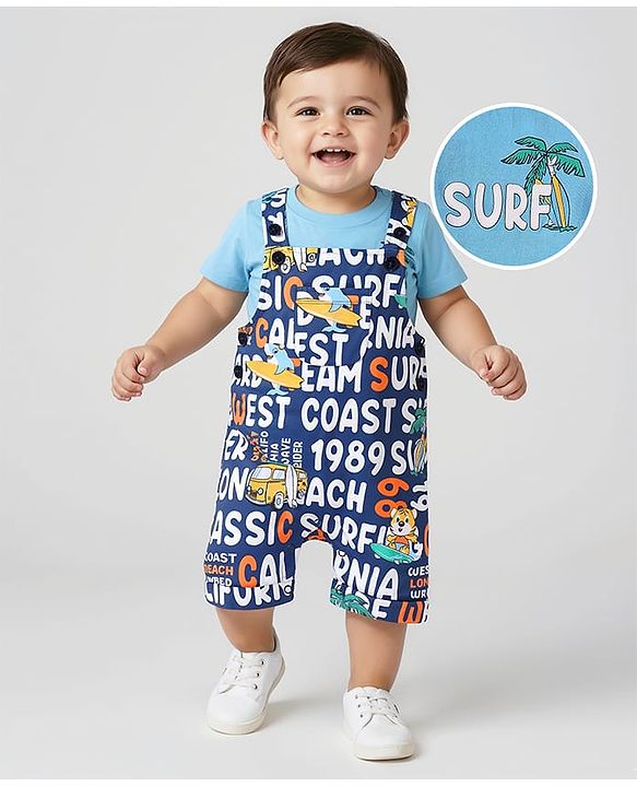 Babyhug Single Jersey Knit Dungaree & Half Sleeves T-Shirt With Tropical Theme - Navy Blue