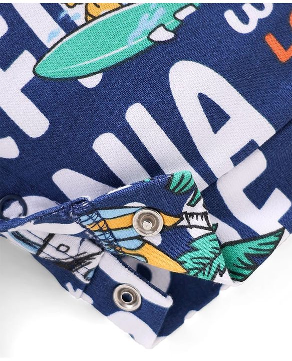 Babyhug Single Jersey Knit Dungaree & Half Sleeves T-Shirt With Tropical Theme - Navy Blue