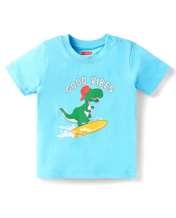 Babyhug Single Jersey Knit Dino Printed Dungaree Half Sleeves Inner Tee - Blue