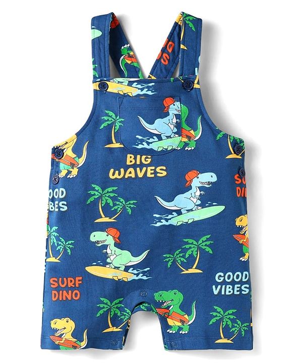 Babyhug Single Jersey Knit Dino Printed Dungaree Half Sleeves Inner Tee - Blue