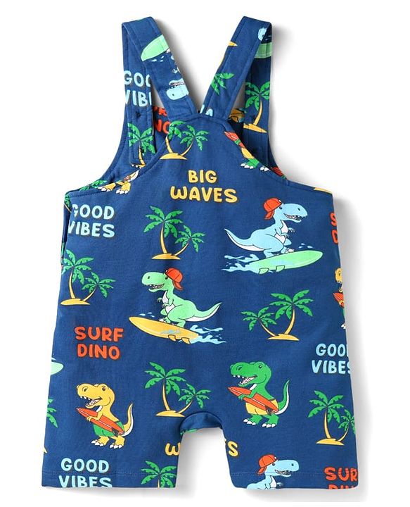 Babyhug Single Jersey Knit Dino Printed Dungaree Half Sleeves Inner Tee - Blue