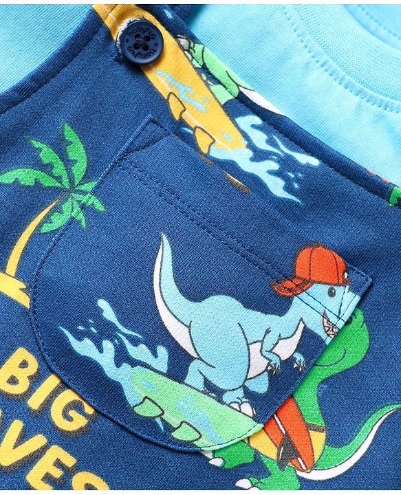 Babyhug Single Jersey Knit Dino Printed Dungaree Half Sleeves Inner Tee - Blue