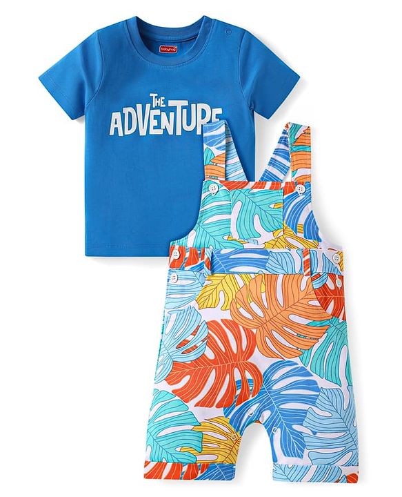 Babyhug Single Jersey Knit Dungaree & Half Sleeves T-Shirt With Leaves Print - Light Blue