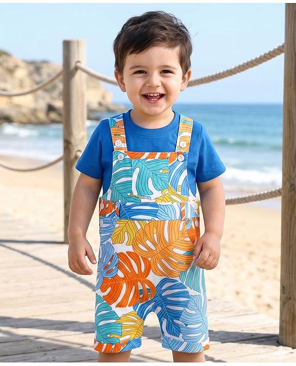 Babyhug Single Jersey Knit Dungaree & Half Sleeves T-Shirt With Leaves Print - Light Blue
