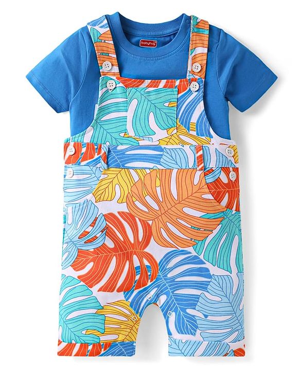 Babyhug Single Jersey Knit Dungaree & Half Sleeves T-Shirt With Leaves Print - Light Blue