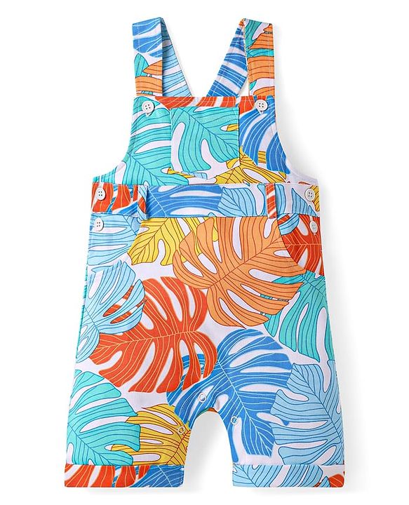 Babyhug Single Jersey Knit Dungaree & Half Sleeves T-Shirt With Leaves Print - Light Blue