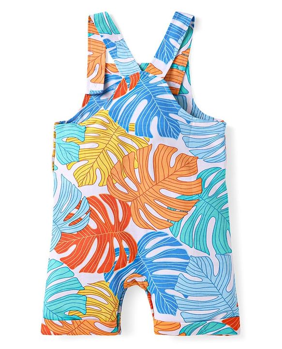 Babyhug Single Jersey Knit Dungaree & Half Sleeves T-Shirt With Leaves Print - Light Blue