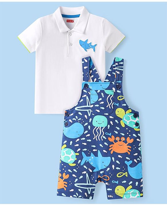 Babyhug Single Jersey Knit Dungaree & Half Sleeves Polo T-Shirt With Fish Print - Blue
