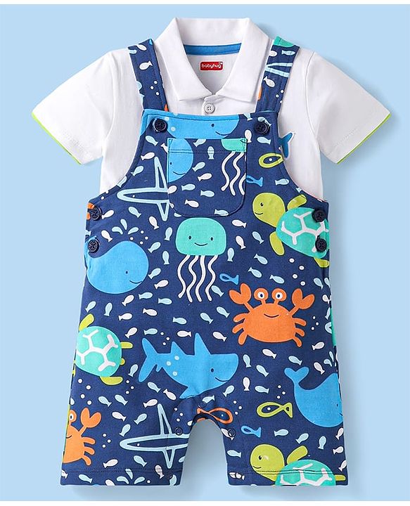 Babyhug Single Jersey Knit Dungaree & Half Sleeves Polo T-Shirt With Fish Print - Blue