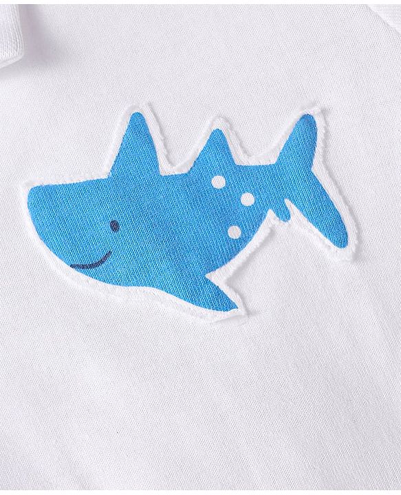 Babyhug Single Jersey Knit Dungaree & Half Sleeves Polo T-Shirt With Fish Print - Blue