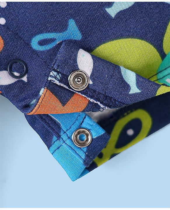 Babyhug Single Jersey Knit Dungaree & Half Sleeves Polo T-Shirt With Fish Print - Blue