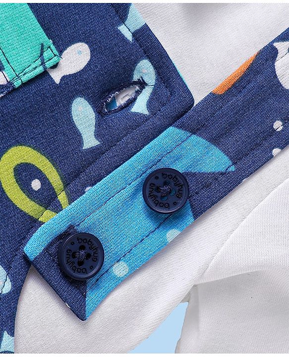 Babyhug Single Jersey Knit Dungaree & Half Sleeves Polo T-Shirt With Fish Print - Blue