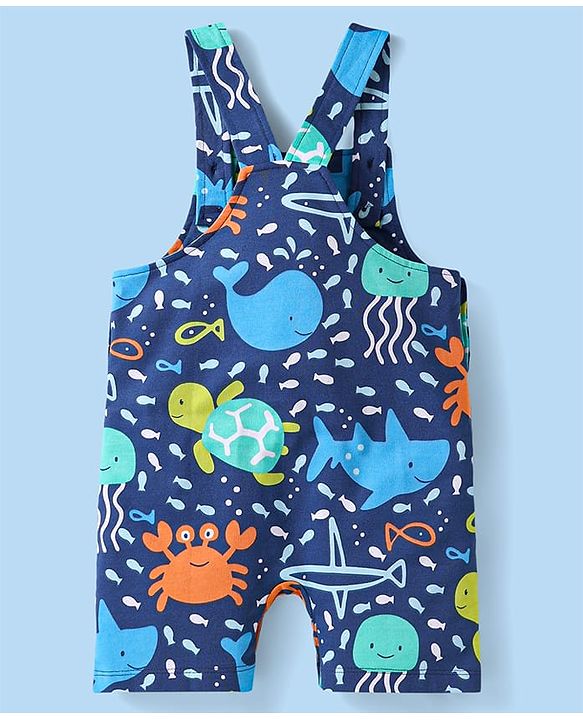 Babyhug Single Jersey Knit Dungaree & Half Sleeves Polo T-Shirt With Fish Print - Blue
