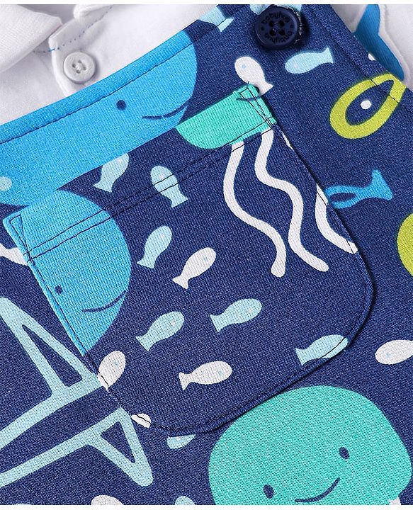Babyhug Single Jersey Knit Dungaree & Half Sleeves Polo T-Shirt With Fish Print - Blue