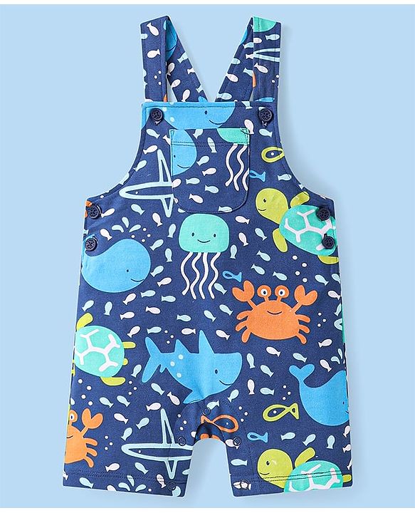Babyhug Single Jersey Knit Dungaree & Half Sleeves Polo T-Shirt With Fish Print - Blue
