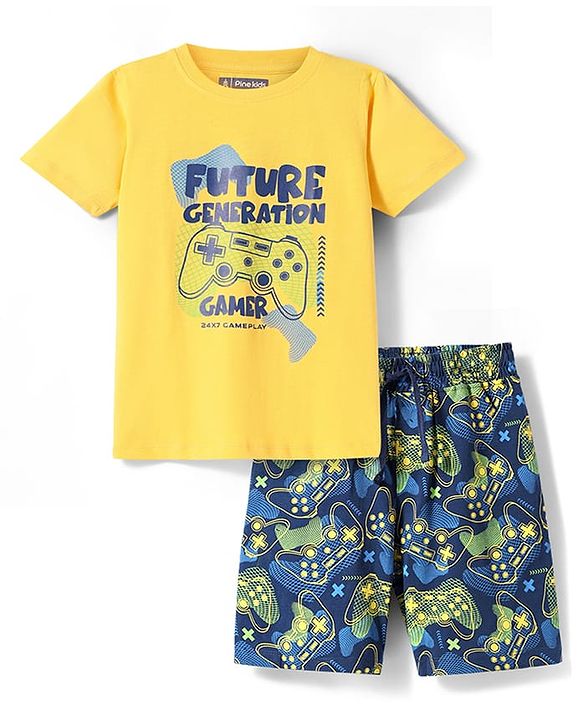 Pine Kids Single Jersey Knit Half Sleeves Shorts Nightsuit With Future Gamer Text Print - Yellow & Navy Blue