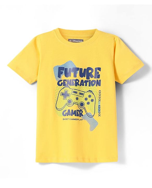 Pine Kids Single Jersey Knit Half Sleeves Shorts Nightsuit With Future Gamer Text Print - Yellow & Navy Blue