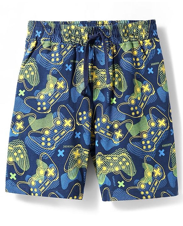 Pine Kids Single Jersey Knit Half Sleeves Shorts Nightsuit With Future Gamer Text Print - Yellow & Navy Blue