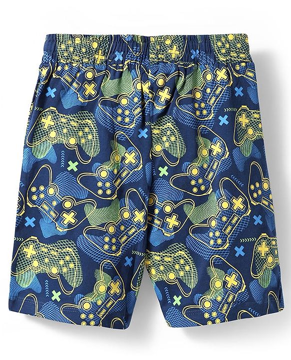 Pine Kids Single Jersey Knit Half Sleeves Shorts Nightsuit With Future Gamer Text Print - Yellow & Navy Blue